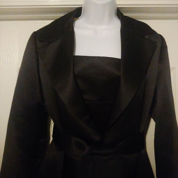 Talbots Dress + Coat Set Black Thick Satin Lined Beaded Belt Pockets 8 - Picture 5 of 15